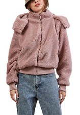 Veste Bomber Femme En Fourrure Synthétique Teddy Bear À Capuche Amovible 5590