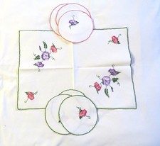 NAPPE BLANCHE BRODEE FIL DE LIN 48x35 + 6 SERVIETTES RONDES 15cm VINTAGE NEUVES