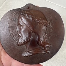 Ancien GRAND MEDAILLON XIXe portrait Du Christ en BOIS DURCI