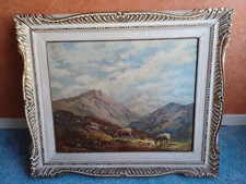 Tableau Ancien Montagne Alpage Chèvres Cadre Années 50