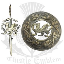 Celtique Dragon Gallois Kilt Mouche Plaid Broche Finition Antique 7.6cm Écossais