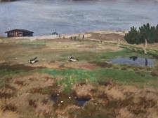 Karl Adser 1912-1995 Oiseaux Kiebitz Dans Le Champ Paysage D'été Danemark