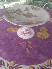 Compotier Plat Sur Pied Faience Longwy Modèle Oiseaux Bambous Rose/Sépia 22,5cm