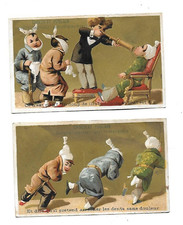 2 chromos publicitaires fin XIXe  fond or chocolat Poulain chez le dentiste