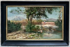 Tableau Ancien Paysage Animé École de Barbizon Peinture Signée HARPIGNIES 19ème