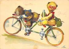 Rareté Litho AK 1956 Paire De Teddy-Bears Avec Vélo Tandem En Course Rapide