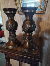 Paire de Vases Asiatiques en Bronze Décor Végétal, de Volatiles et Dragons