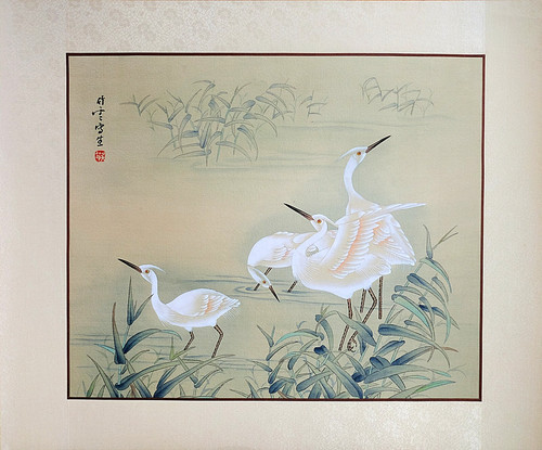 Vintage asian art blue cranes - vintage,