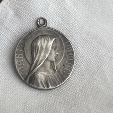 Antique French Mother Mary Pius X Silver Medal Round 1” Pendant Gift