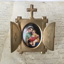 Cadre Reliquaire Ancien Bronze Doré Vierge A la Chaise XIXè Holy Frame 19thC