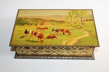 Boite publicitaire biscuits Olibet Paris, tôle lithographiée, vaches paysage