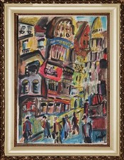 Gouache et pastels Sur Papier 29,7/42cms," rue animée ,Rouen 1950"