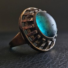 Ancienne bague cabochon vermeil argent & or importante pierre bleue dôme