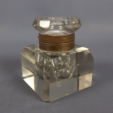 Ancien Encrier En Cristal Taillé Avec Laiton Doré Original Fin Du 19E Siècle