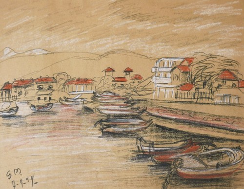 Dessin paysage vue port mer