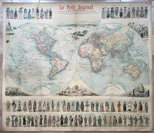 WALL MAP OF THE WORLD 1900 NICE ANTIQUE MAP LE PETIT JOURNAL LAID ON LINEN