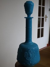 PORTIEUX FRANCE VINTAGE DECANTEUR  MILK GLASS COLOR BLUE height 13"