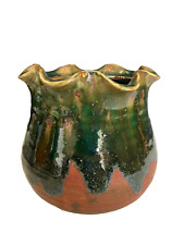 Vase Vintage  en céramique marron à coulures émaillées vertes  poterie potier