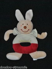 ?Peluche Doudou Lapin Beige Rouge SUCRE D'ORGE Vert Rayures Hochet Grelot TTBE