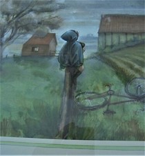 ancienne aquarelle encadrée de Paul Deja 1969 " L'enfant au vélo