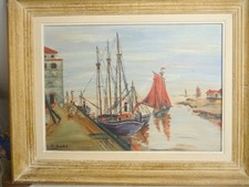 ancien TABLEAU MARINE port de PECHE   -signé encadré