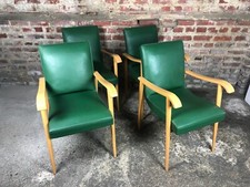 Fauteuils Bridge (série de 4) en hêtre et Skaï vert 60'S