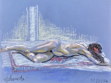 Grand Dessin Original Pastel Nu Féminin Femme Allongée Modèle Atelier #11