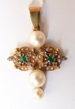 Croix pendentif en OR massif + perles + émeraude Bijou ancien gold cross 