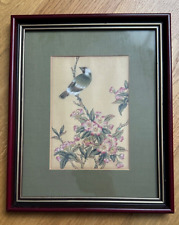 Tableau avec peinture chinoise sur soie - Fleurs & oiseau - 23,5 x 28,5 cm