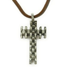 COLLIER pendentif Homme Ou Femme Mixte Cuir marron CROIX acier argenté géométrie