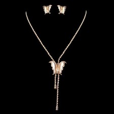 Bijou Femme parure collier boucles d'oreilles doré satiné strass papillon P250