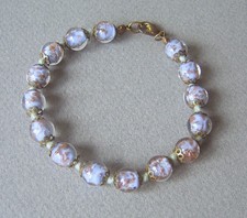 bracelet Vintage Perles Verre MURANO SULFURE Bleu-ciel & Or Bangle