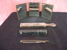 ANCIEN LOT BARBIER AVEC MIROIR GLACE SALON COIFFURE RASOIR COUPE CHOUX  