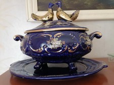 soupière vintage en porcelaine avec dessus 2 colombes doré bleu cobalt