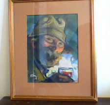 Louis fortuney (1875 - 1951) pastel - 31,5 x 24 cm -  homme buvant un verre