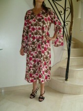ROBE LEGERE A FLEURS ROUGE et MARRON "MURVAL" Long 107 cm TAILLE 38-40- NEUVE !