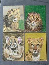 Peinture Tableau Lot 4 signés G. Vangin Animal Lion Lionceau Félin