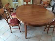 salle a manger; table ronde en meurisie130 + 2 allonges et 6 chaises bois tissus