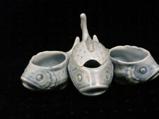 ANCIEN SERVICE A CONDIMENT SALIÈRE POIVRIÈRE MOUTARDIER CÉRAMIQUE POISSONS