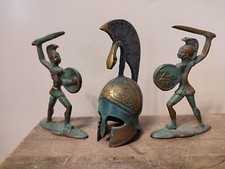 Statuette Casque Spartiate Grecque + 2 guerriers BRONZE roi grec Guerre Soldat