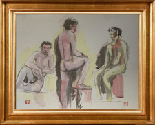 GRANDE AQUARELLE ORIGINALE NUS MASCULINS FIN XX° MONOGRAMME A IDENTIFIER (10)
