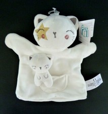 R99. DOUDOU PLAT MARIONNETTE KIABI SIMBA CHAT BLANC GRIS POCHE BEBE ETOILE NEUF