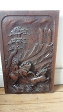 Large French Antique Deeply Carved Panel Solid Oak with horseman hunter