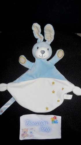 Doudou plat lapin blanc bleu - lapin,