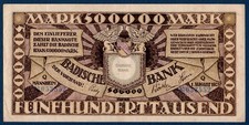Billet 500.000 Mark, 1923. Badische Bank. Allemagne. TTB++