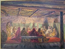 Grand tableau signé huile sur toile religieux Cene