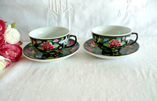 2 tasses à thé sous tasse porcelaine chinoise asiatique fleurs fond noir