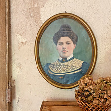 Ancien Tableau  Portrait  Femme en Médaillon Photo Rehaussée Peinture Huile 1900