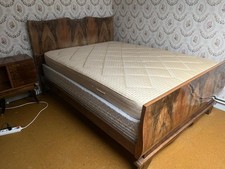 Lit ancien en bois massif marqueté + sommier (années 50-60)