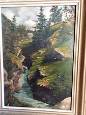 Ancien  tableau paysage  Montagne huile sur bois. a restaurer